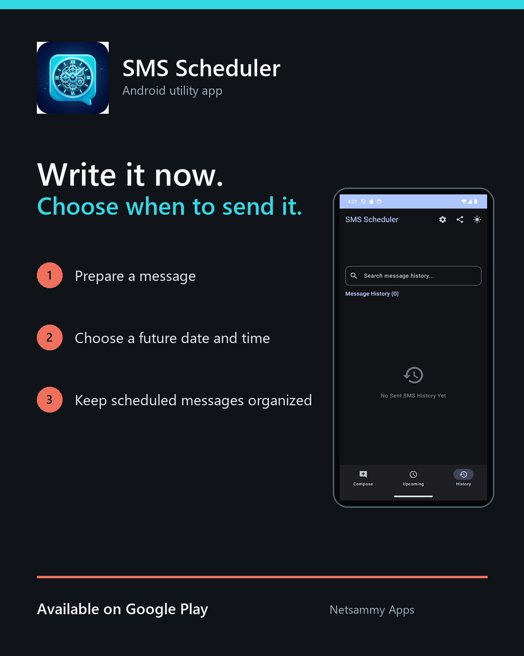 SMS Scheduler history screen promotional graphic